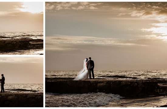Bride and groom enjoying sunset on Galway Prom